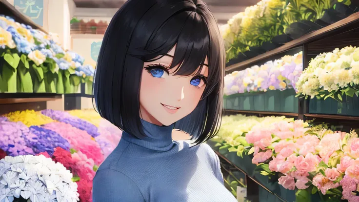 1 female、28 years old、美New髪, black hair、shortcut、bob cut、Rin々New、slanted eyes、eyeliner is clear、light blue eyes、long face、big smile、small bust、light blue long sleeve turtleneck、Looking at flowers at a flower shop