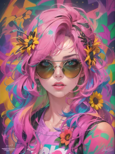 official art，unity 8k wallpaper，Super detailed，Works by stars of the beauty and esthetics industry，highest quality，（and colorful graffiti walls），1 girl，pink hair，green eyes，very detailed，dynamic angle，stylish shot，the most beautiful form of chaos，elegant，b...