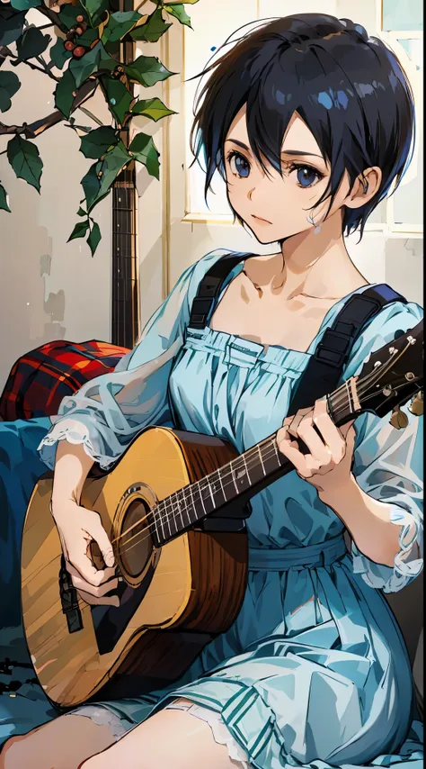 woman sitting and playing guitar、28 years old、black hair messy hair、precision 6 string acoustic guitar:1.2、anatomically correct ...