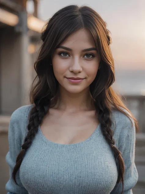 gorgeous European woman, age 23, wavy hair in the wind. shes a men magazine model, She has a subtle smile and flirts with the camera,, ( wering blue long sleeve Sweater and jeans ), (in sunset light:1.2), perfect eyes, perfect hands, perfect body, perfect ...