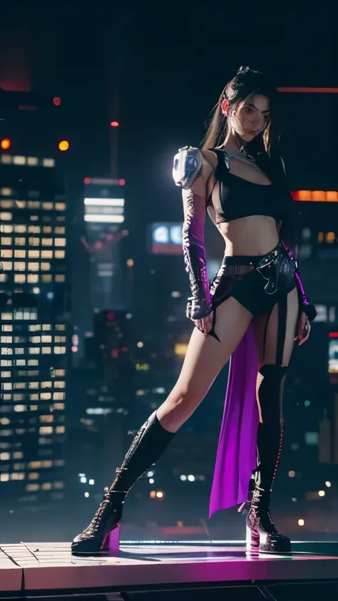 beautiful woman, full body ,The anti-hero wears black and purple., Laser katana sword in hand, white skin, long black hair, Portrait, Jeff Bridges, ((cartoon style)), Marvel Cinematic Universe style, (((A cyberpunk city is the backdrop.))), Soft bokeh of a...