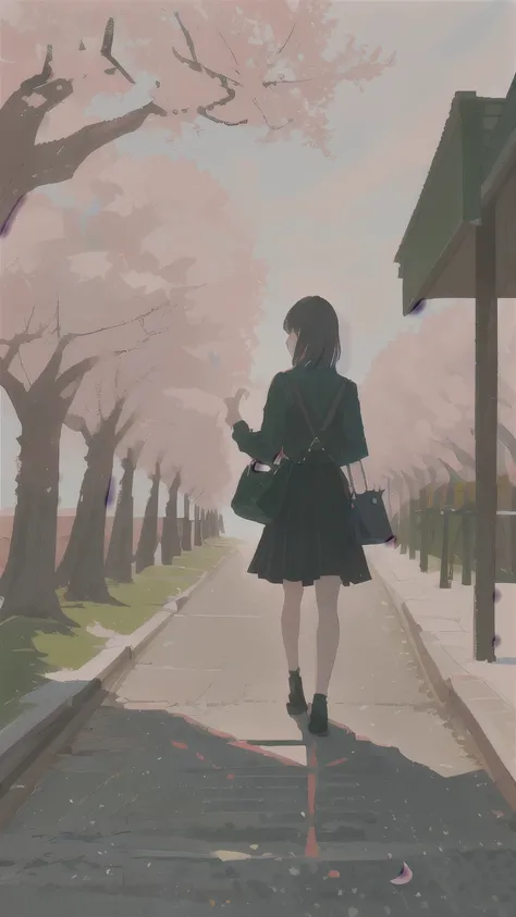 highest quality、girl walking in cherry blossom tree、I have a bag、station railroad crossing、back view、Shadow