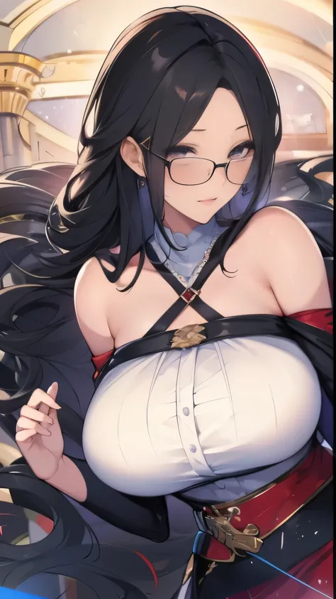 high resolution、sexy、black long hair、center division、beautiful woman、glasses、black off shoulder、big breasts、((cute skirt))