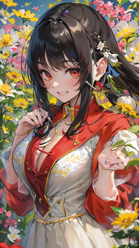 perfect anatomy, masterpiece:1.4, best quality, 8k, beautiful detailed grow, daydreaming expression, upper body ((Heart hands)) ((sexy smile, toothy grin)) (solo straight black hair long hair cute femdom girl, 17 yo, detailed red eyes, bigboobs), break, in...