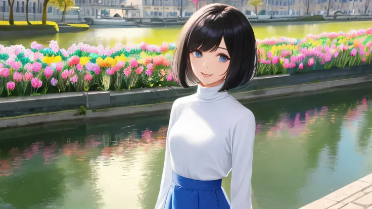 1 female、28 years old、美New髪, black hair、shortcut、bob cut、Rin々New、slanted eyes、eyeliner is clear、light blue eyes、long face、big smile、small bust、white long sleeve turtleneck、Blue flared skirt、your back is towards us、Stroll along the canal lined with tulips、R...