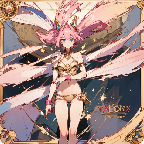 girl,pink hair, crystal blue eyes, feet, swordstaff, gloves, shocked,linx ears, linx tail, hot pink and gold skimpy bikini, sandels, golden thigh accessory, full body, red nails. Golden and pink accessories,