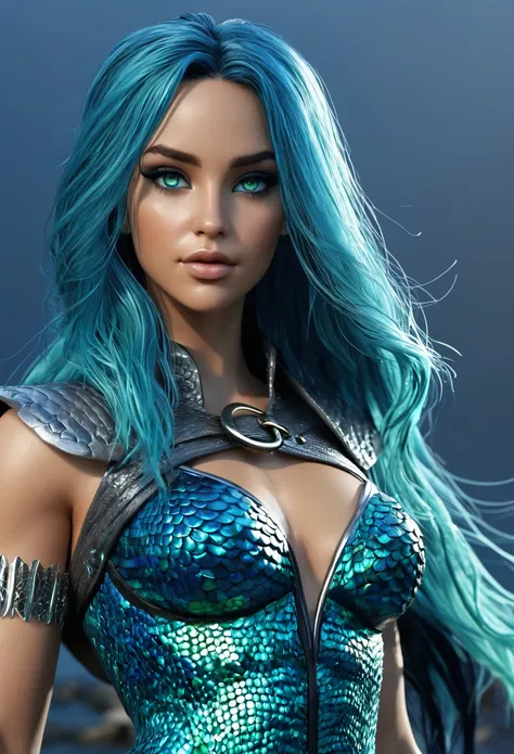 ( Masterpiece, 4k resolution, ultra-realistic, very detailed) A beautiful sexy female superhero who is a demigoddess , blue/green eyes and long dark blue hair.  ,  , She wears a blue outfit with a fish scale like texture sleeveless , she has bracelets that...