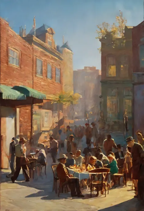 painting of a city street with people walking and sitting at tables, by Michael Sutfin, by Jason Benjamin, by Jerry Weiss, by Richard Sedlon, inspired by Carl Spitzweg, by Craig Thompson, afternoon sunlight, by John La Gatta, by Brian Thomas, by Eric Desch...