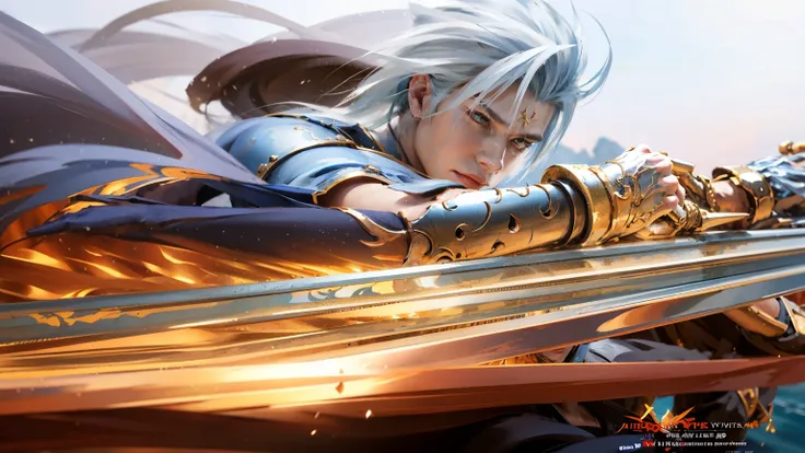 Close-up of the man holding the sword in the game, Sword Soul, son of sparta, CG art, Sephiroth, Highly detailed official artwork, critical art, Shinro Mori, CG artist, Game CG, virtual warrior, sancred waters, casimir art, fighting game characters, fighti...