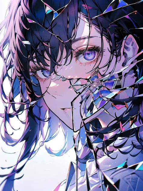 (Masterpiece, Highest quality, best quality, official art, beautiful), Extreme details, female, black hair, long, blue hair, with bangs, light purple eyes, white shirt, white pants.