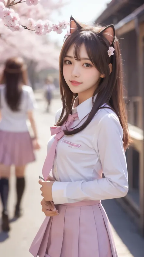 masterpiece, 4k, Bokeh, beautiful face, (multiple girls:1.4), Harem, group photo, Cat ear, medium bob hair, (Pink school uniform:1.4), graduation, looking at the viewer, cherry blossoms street , Cowboy shot,