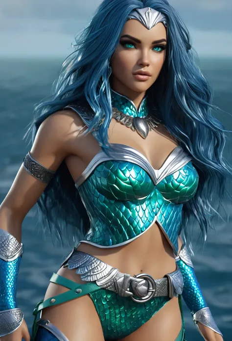 ( Masterpiece, 4k resolution, ultra-realistic, very detailed) A beautiful sexy female superhero who is a demigoddess , blue/green eyes and long dark blue hair.  ,  , She wears a blue outfit with a fish scale like texture sleeveless , she has bracelets that...