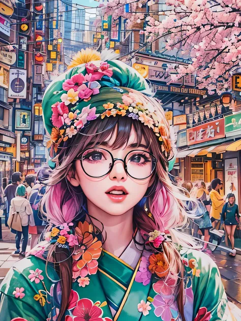 8K quality, watercolor painting, stylish design, (((The strongest beautiful girl of all time))), (((Japanese)))、AKB48、stylish glasses, Fashionable hats, (((highest quality))), bob hair, HDR, ((Detailed details)), sexy clothes, detailed clothing texture, ((...