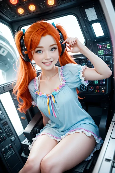 Best Quality, Masterpiece, 8k, RAW (overhead view) ((Cute redhead with rainbow colored hair tips:1.2)), ribbons in her hair, 18-year-old woman, happy, excited expression, smiling, in twin tails, perfect eyes, clear sparkling blue eyes, pale skin, silky smo...