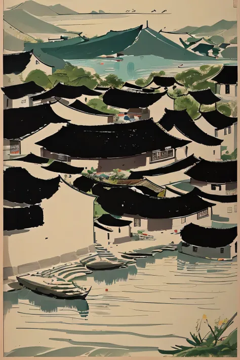 wu guanzhong style works，painting of a view of a lake with a village in the distance, by wu guanzhong, inspired by wu guanzhong,...