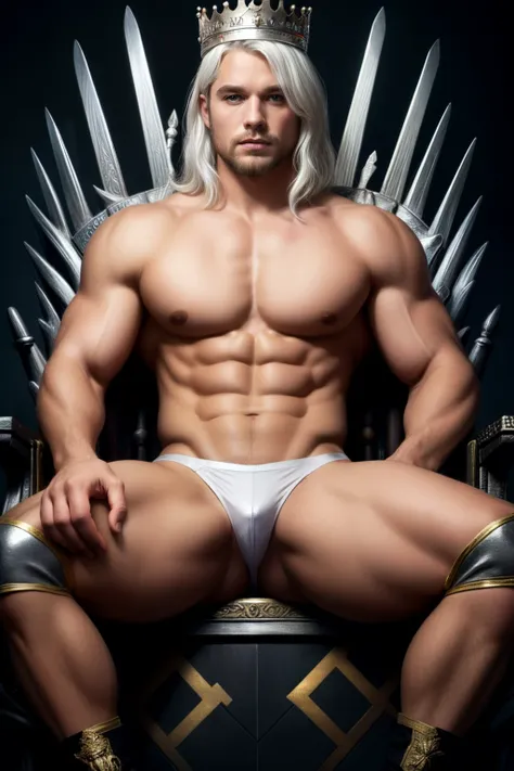 Half naked Muscular king white hair, with Silver crown, wearing only thong, sitting on the huge iron throne 