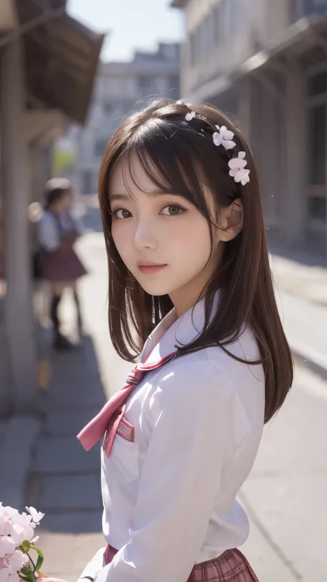 masterpiece, 4k, Bokeh, beautiful face, (multiple girls:1.4), Harem, group photo, Cat ear, medium bob hair, (Pink school uniform:1.4), graduation, looking at the viewer, cherry blossoms street , Cowboy shot,