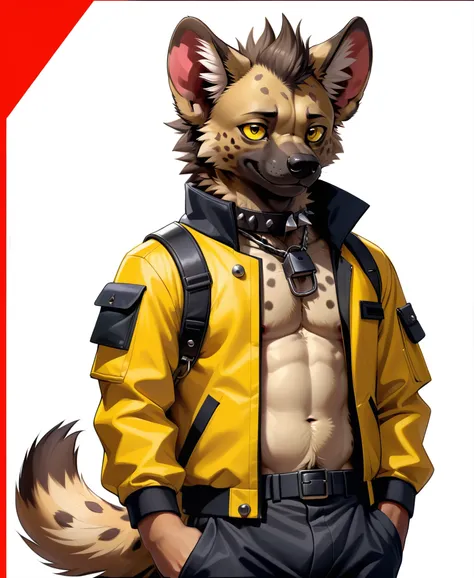 score_9, score_8_up, score_7_up, score_6_up, best quality, intricate details, (solo:1.5), furry,kemono, anthro, male, hyena,hyena ears, hyena tail, brown fur,yellow eyes, looking at viewer, smirk, frown, ear piercing, notched ear, backwards hat,backwards b...