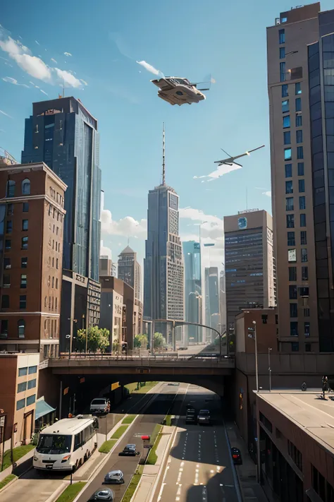 city, futuristic building, wide base, brick wall, flying vehicles