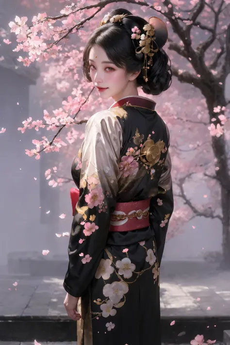 (Geisha stands gracefully under the cherry blossoms, Look back and smile: 1.37), Many red cherry blossom petals fall one after another, (whole body) White makeup on a girl’s face without highlights and shadows. The entire white foundation covers the face a...