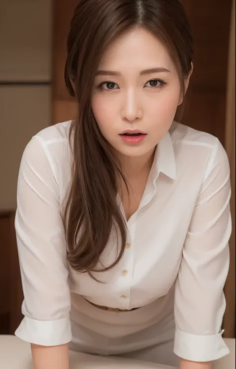 (Best quality, 8k, 32k, Masterpiece, UHD:1.2), from behind, 1 girl, beautiy Japanese office lady, (joy:0.5), (open mouth:1, looking at the viewer), 30 years old, bit chubby, white shirt, black skirt, office room, desk, detailed beautiful face, pony-tail ha...