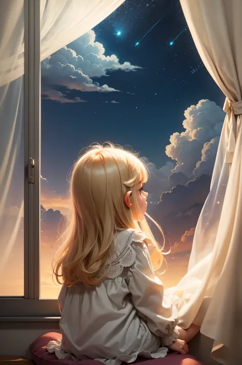 Create a childrens book illustration  for this: There is a  window with flowy white curtains and it is to be the focal point of the illustration, with a small blonde girl sitting at the window sill reading nook, looking at the clouds outside her window. So...