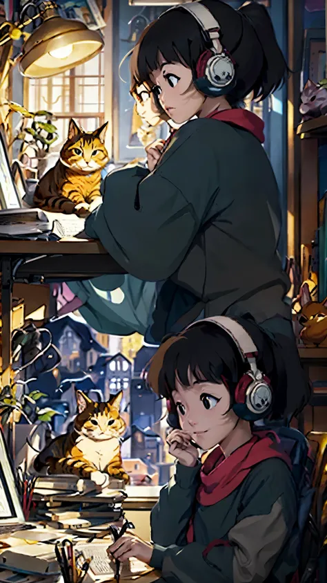 anime girl wearing headphones sitting at a desk with a cat, praise girl, praise artstyle, praise art, praise portrait, praise fe...