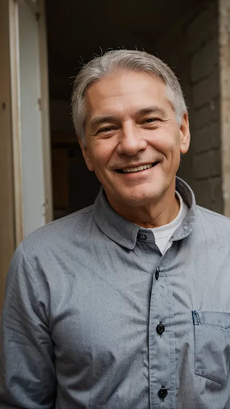 Gray-haired smiling grandfather with a big smile. Very happy. Russian. simple clothes. portrait