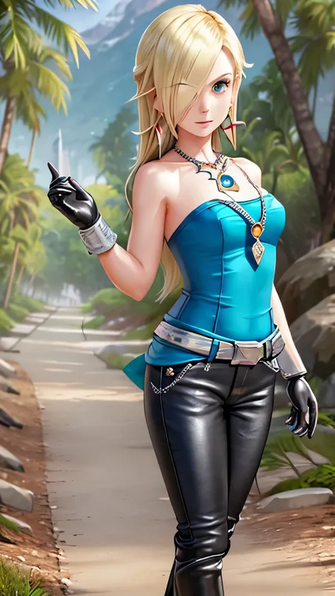 Steppiece, Best Quality, Ultra-detailed, Absurd, Portrait of cute android18DB, Realistic face, Solo, earrings, Jewelry, , brave, Eyeshadow closed, the beach, gloves, Necklace, Rock, Standing, fighting position, Volumetric lighting, Best Quality, masutepiec...