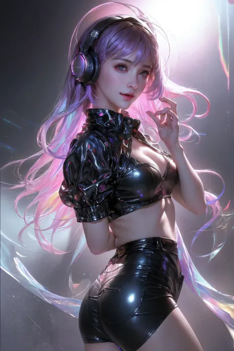 Upper body,  Female DJ, colorful clothes , strange, Vibrant look,  Playful accessories, creative act, Imaginative, Sensual, spontaneous, DJ headphones, Mixer, Music Club, nightclub, Indie Theatre, People dancing on dance floor background,  Underground ball...