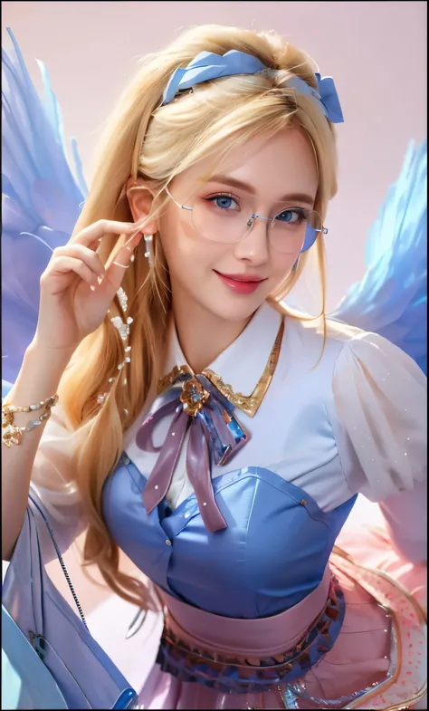 (highres,ultra-detailed,photorealistic) a woman with glasses (beautiful detailed eyes:1.1,cyan blue eyes) (beautiful detailed lips) wearing white and blue dress (blonde girl) (amazingly beautiful) (pink skirt), seraphim, smiling