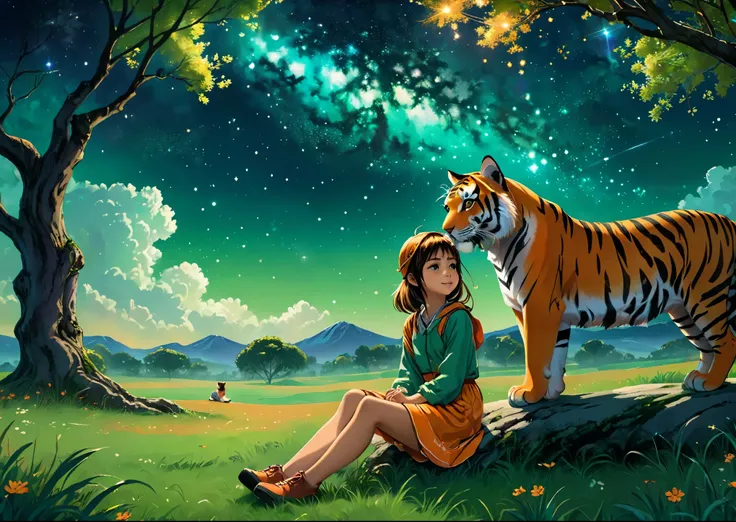 a cute  and a tiger sitting on a wide green meadow、a tiger and a girl are sitting side by side under a big tree、the girl is wear...