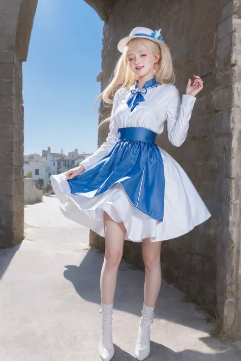 Cute little girl standing on the street of a mediterranean port town,wind,light blonde hair, blue eyes,Very long twin tails,white dress,white hat,blue sky,lol,Double teeth,eyes closed,looking at the audience,lens flare,dramatic, coastal