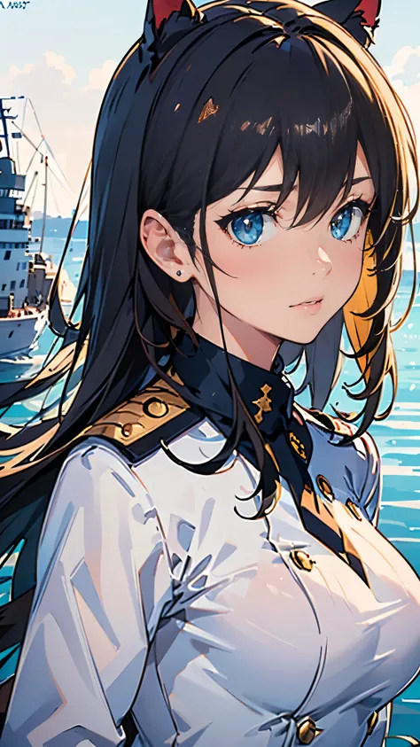 (masterpiece, best quality, raw photo, intricate details) portrait, headshot, 1girl / atago / medium dark hair, blues eyes, cat ...