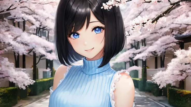 1 female、28 years old、美New髪, black hair、shortcut、bob cut、Rin々New、slanted eyes、eyeliner is clear、light blue eyes、long face、big smile、small bust、light blue long sleeve turtleneck、look at the cherry blossoms