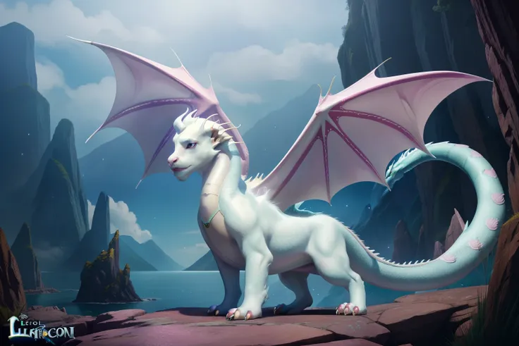 Fairytale Kingdom of Fantasia. in a rocky mountain, ((((Falkor the LuckDragon)))). Falkor has a graceful elongated body of 43 feet long, and is similar in appeaearance to a Chinese dragon. His whole body is covered in albino light downy/soft fur on the ent...