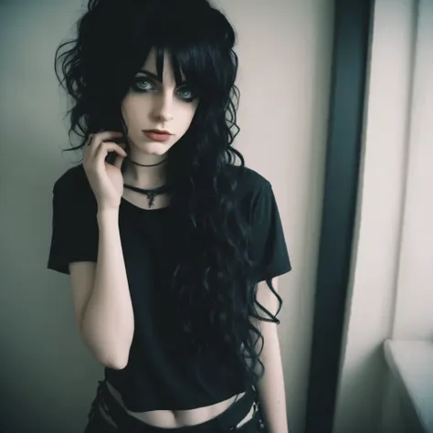 18 emo goth, perfect body, black wavy hair, 
,film grain, filmgrainaf,