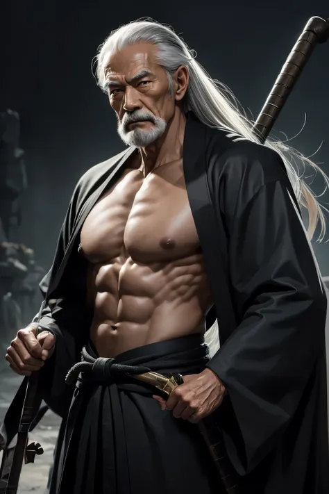 8K,Wearing a luxurious black Japanese kimono、白いひげを生やしたmuscular slim bodyの死神の老人男性, Grim Reaper&#39;s Old Martial Arts Master,style sacristy water, An old man with long gray hair tied back,close-up character portrait, low length,muscular slim body,Stanley Ar...