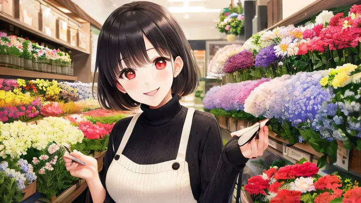 adult woman、red eyes、Big eyes、big smile、black wolf cut、white knit sweater、Looking at flowers at a flower shop