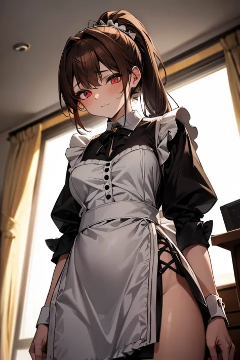 from below, best quality, 32k, RAW photo, incredibly absurdres, extremely detailed, cool beauty, wearing maid cafe costume, sharp eyes, slit eyes, beautiful brown shining ponytail, amorous and lewd expression, shy, superlative body proportion