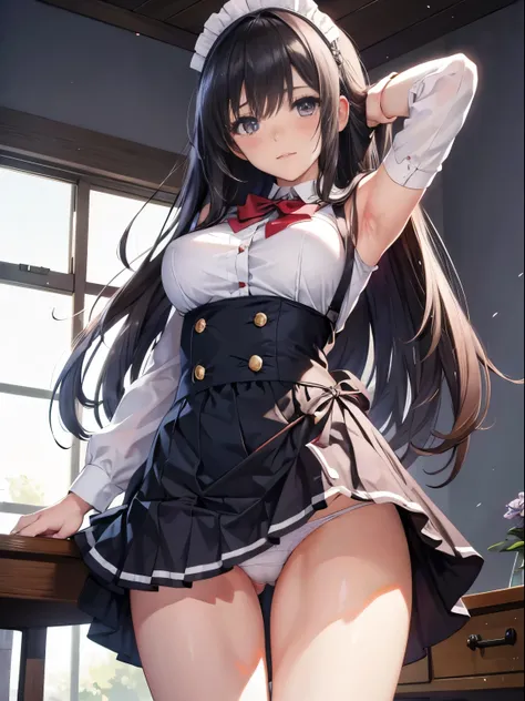 table top, High resolution, 8k, anime woman, detailed digital illustration, very long hair and shiny, maid, big breasted woman,adult women))), 25 years old, T-back, (lift skirt), (Pull down your panties:1.3), Happy, blush, (white panties), panty shot, insi...