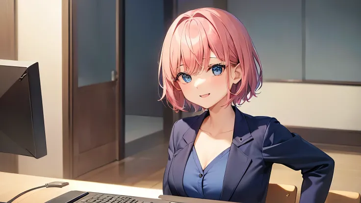 highest quality、masterpiece、Daytime office、((One 20-year-old girl))、(((bright smile、friendly)))、((pink hair、short hair、))、(((blue eyes))),((Upper body ))、(((((navy blue business suit))))、((黒髪short hairのスーツを着た青年と楽しそうに話す)), anime、animecg、