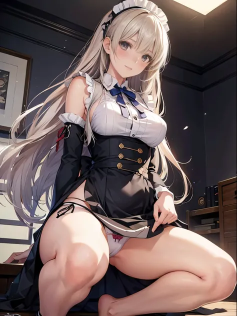 table top, High resolution, 8k, anime woman, detailed digital illustration, very long hair and shiny, maid, big breasted woman,adult women))), 20-year-old, T-back, (lift skirt), (pull your panties down to your knees:1.3), Happy, blush, (white panties), pan...