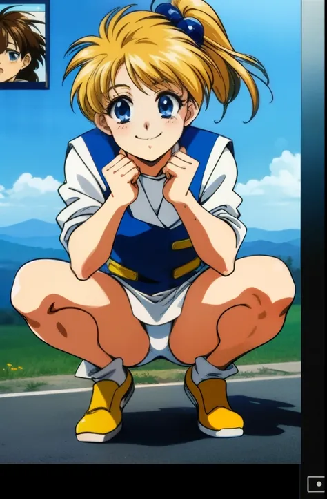 Plesiaxenosakis, blue eyes, blonde hair, ・Hair Bobble, short hair, side ponytail,・Hair ornaments、white panties, loose shoes下, shoes下, skirt, shoes, 1 girl. difficult, , smile,squatting down、spread legs、
1990s (style), anime, retro artstyle, anime_screen ca...