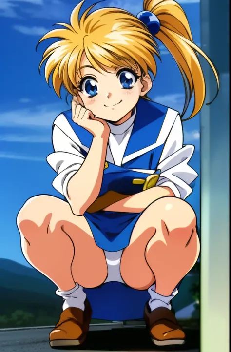 Plesiaxenosakis, blue eyes, blonde hair, ・Hair Bobble, short hair, side ponytail,・Hair ornaments、white panties, loose shoes下, shoes下, skirt, shoes, 1 girl. difficult, , smile,squatting down、spread legs、
1990s (style), anime, retro artstyle, anime_screen ca...