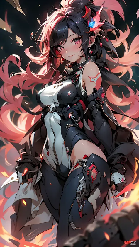 最high quality、best image quality、masterpiece、girl((20-year-old、 By becoming、vest bust、medium bust,wide open breast tea、shining eyes, neon hair、long hair、thin,highest valley、Black Hero Suit、Red Hero Mask、blue cloak、smile、full body tattoo,diamond earrings、Wr...