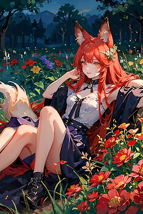 long red hair，fox ears，golden eyes，fox ears，Have bangs，Lying in the flower field，colorful flowers，garden