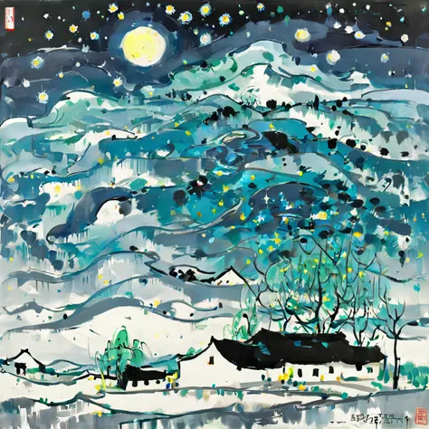 paint van gogh&#39;s &quot;starry night&quot;., if wu guanzhong wrote this, full compliance with the style of wu guanzhong