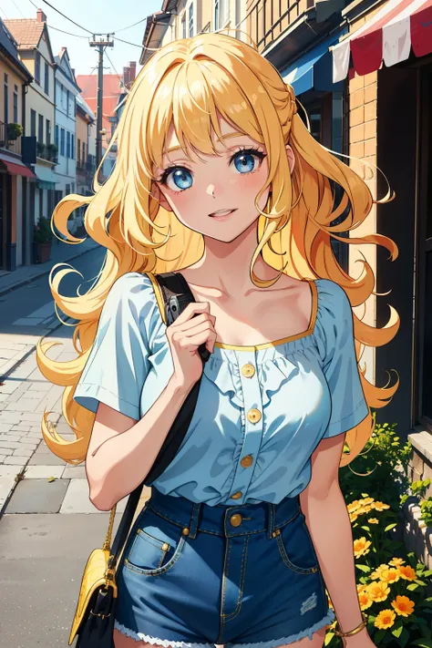 A charming girl with blonde hair and bright blue eyes, dressed in a colorful cartoon-style outfit, confidently holds a camera in front of her, capturing the world around her with a bright smile. The background is a vibrant scene of various hues and pattern...