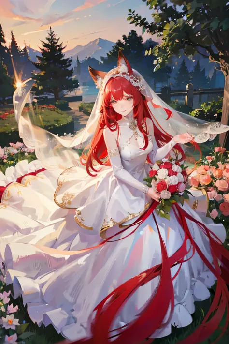 long red hair，fox ears，golden eyes，fox ears，Have bangs，white veil，Wedding dress，wedding，白色Wedding dress，bouquet，garden，European style railings